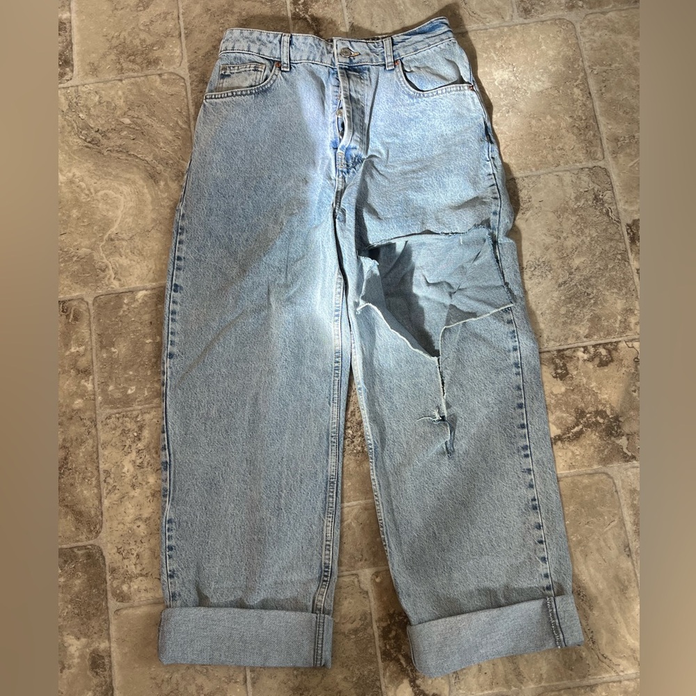Topshop, distressed boyfriend jeans.
